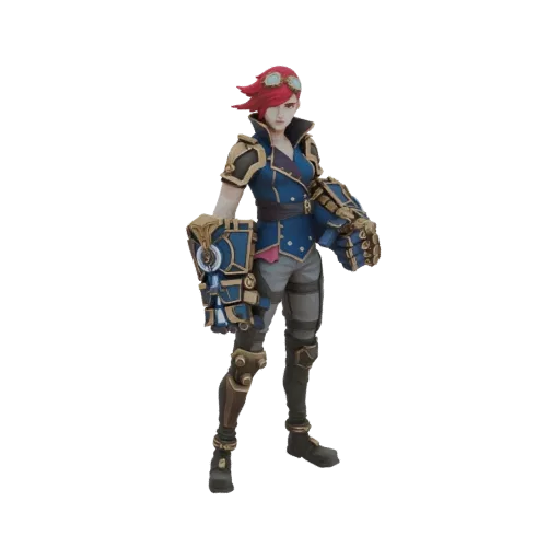 3D model of Vi from Arcane, a woman with red hair and goggles, wearing a blue jacket and grey pants, with large mechanical ga