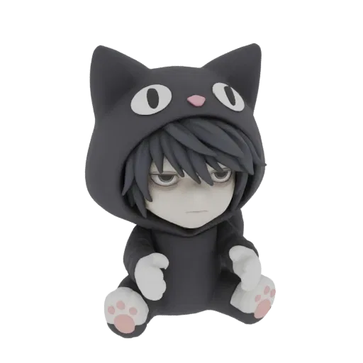 3D model of chibi L character wearing a black cat pajama suit with ears and paws, sitting down.
