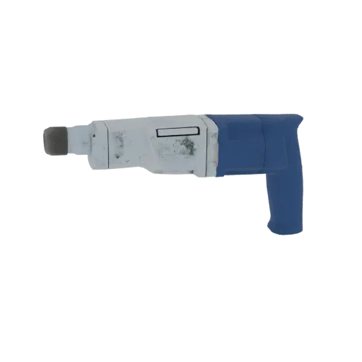 3D model of a blue and white rotary hammer drill, viewed from the side.