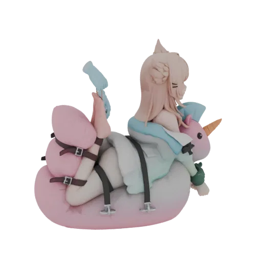 3D model of an anime girl with blonde hair, wearing a light blue jacket, reclining on a pink unicorn pillow with a horn.