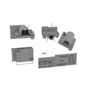 3D render of an industrial pipe clamp bracket with bolts, shown from multiple angles against a white background.