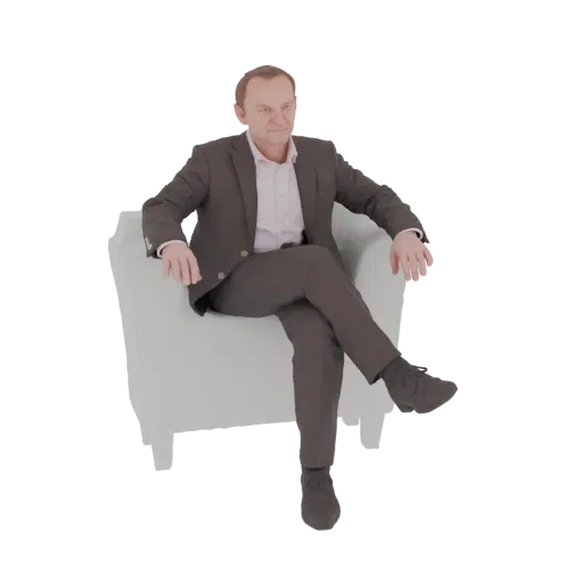 3D model of a man in a dark suit sitting in a light-colored armchair with his legs crossed, looking forward.