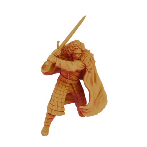 Modello 3D guerriero fantasy con capelli lunghi, mantello di pelliccia e spada alzata in posa di battaglia.