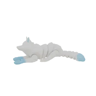 A 3D render of a white, articulated fox with blue paws and tail tip, lying down.