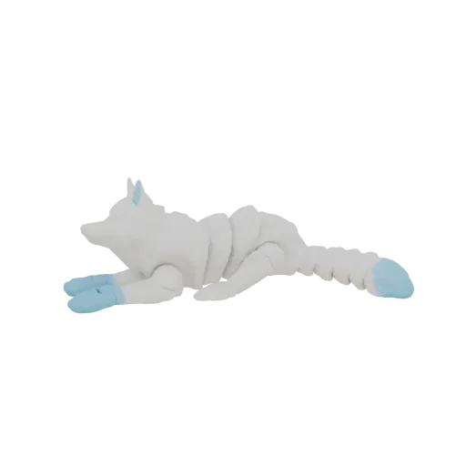 A 3D render of a white, articulated fox with blue paws and tail tip, lying down.