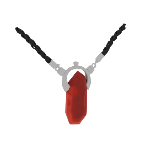 3D model of a necklace with a large, faceted red crystal pendant hanging from a black braided cord and a silver-toned bail.