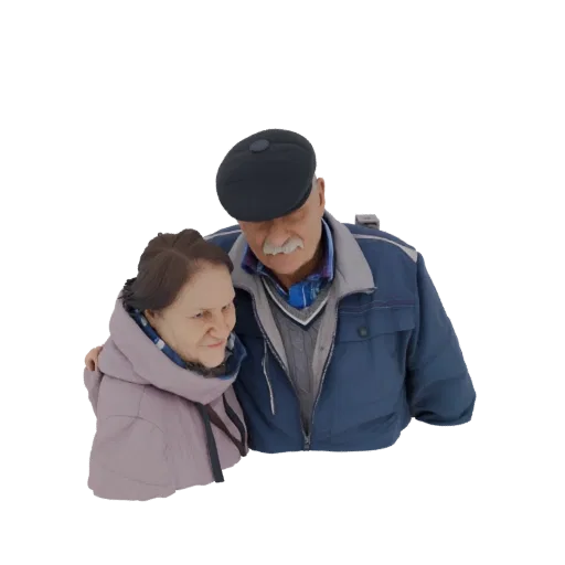 3D model of an elderly couple hugging, showing a man in a blue jacket and a woman in a purple jacket.