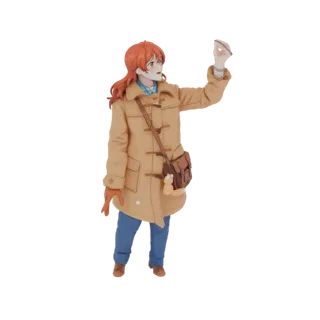 3D model of an anime girl with orange hair, wearing a tan duffle coat and a blue plaid shirt, holding a small object.