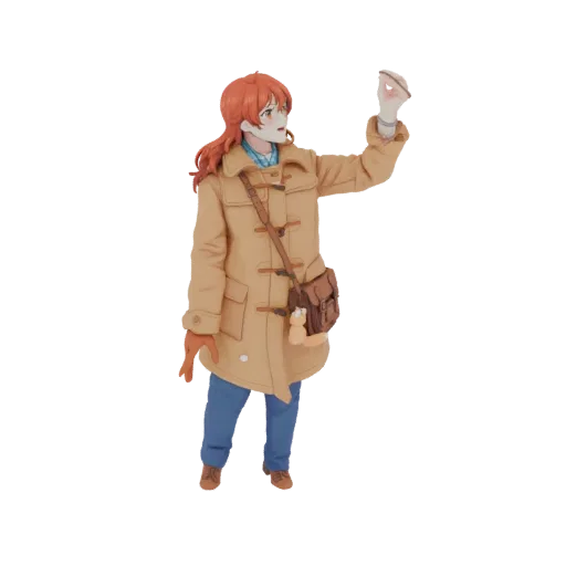 3D model of an anime girl with orange hair, wearing a tan duffle coat and a blue plaid shirt, holding a small object.