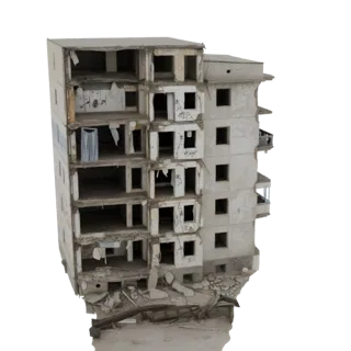 3D model of a ruined multi-story apartment building with visible interior floors, damaged walls, and debris.