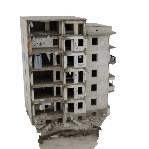 3D model of a ruined multi-story apartment building with visible interior floors, damaged walls, and debris.