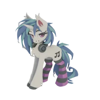 3D model of a punk unicorn with blue and teal hair, headphones, and striped socks, standing against a white background.