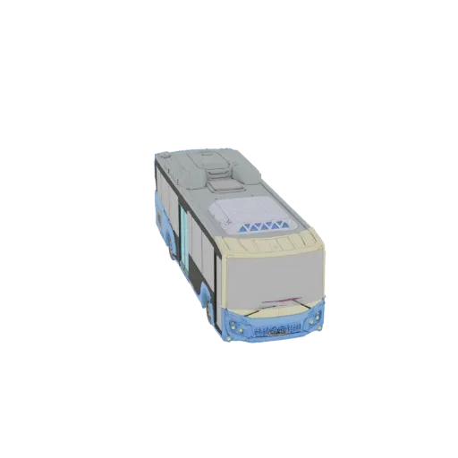 3D model of a modern city bus with a light blue and grey exterior, seen from a slightly elevated front-right perspective agai
