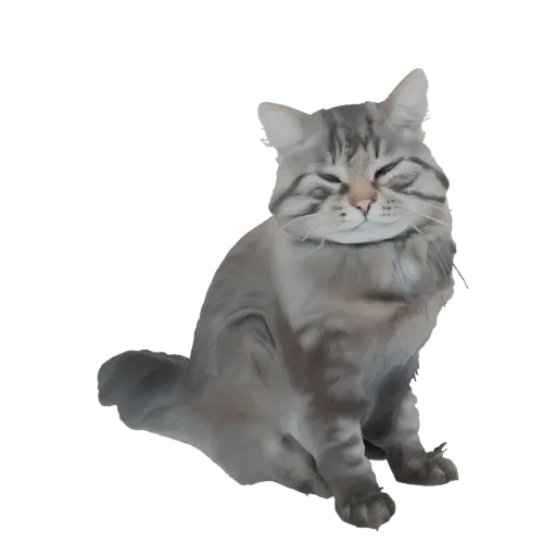 Ein 3D-Render einer grauen Tabby-Katze, die mit geschlossenen Augen und einem zufriedenen Ausdruck sitzt.