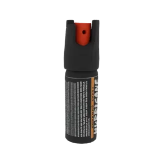 3D-Modell einer Hurricane Pfefferspray Dose mit schwarzem Gehäuse und oranger Düse, mit detaillierten Warnhinweisen.