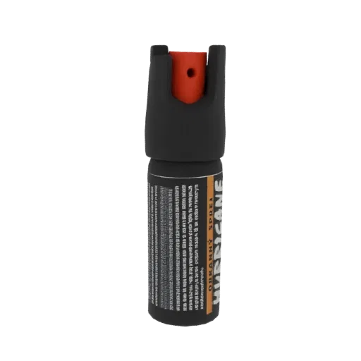 Modelo 3D de lata de spray de pimienta Hurricane con cuerpo negro y boquilla naranja, mostrando etiquetas de advertencia deta