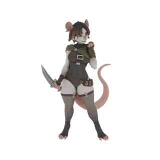 Render del modello 3D di un personaggio topo antropomorfo ladro che tiene un pugnale, indossa abiti scuri da avventuriero e u