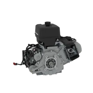 3D-Modell eines grauen V-Twin Motors mit schwarzem Tank, das seine mechanischen Komponenten und sein detailliertes Design zei