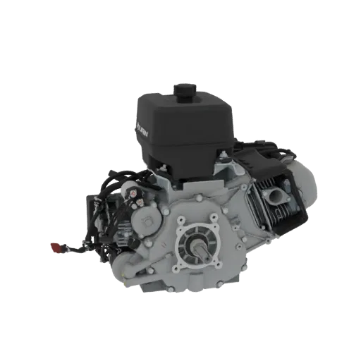 Modelo 3D de um motor V-twin cinza com tanque de combustível preto, exibindo seus componentes mecânicos e design detalhado.