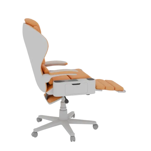 Side view of a white and orange ergonomic office chair with an extended footrest, isolated on a black background.