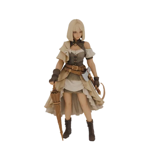 3D model of a female steampunk adventurer with blonde hair, wearing a layered outfit, holding an umbrella and an axe.