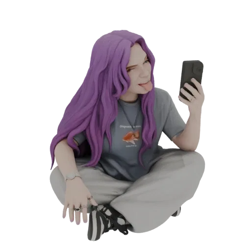Modelo 3D de jovem com longos cabelos roxos sentada de pernas cruzadas, piscando e mostrando a língua enquanto tira uma selfi