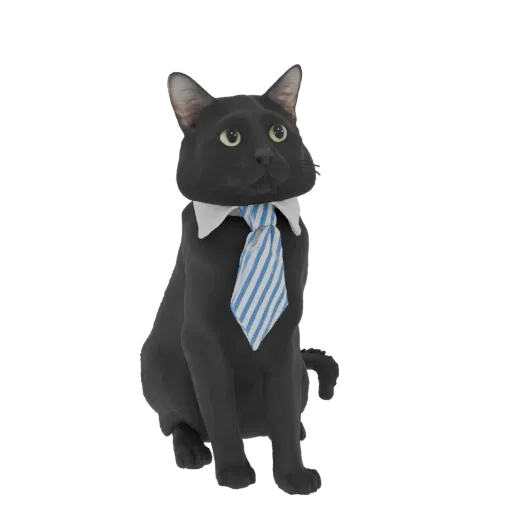 A 3D render of a black cat sitting upright, wearing a white collar and a blue striped tie, looking slightly upwards.