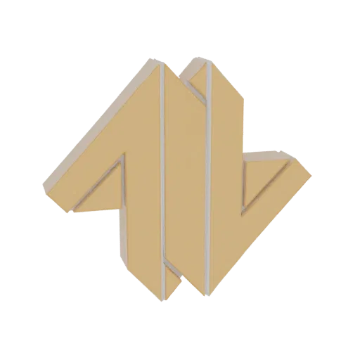 Rendering 3D di un emblema geometrico astratto con finitura oro metallico e bordi affilati, su sfondo bianco.