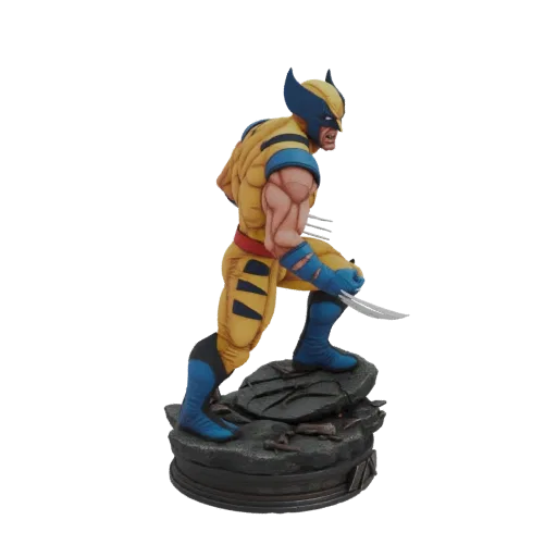 3D model of Wolverine in a dynamic action pose, wearing his classic yellow and blue costume with claws extended, standing on