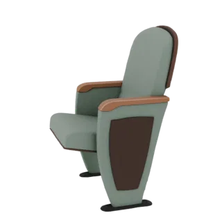 Vista lateral de um modelo 3D de um assento moderno de auditório com estofamento verde claro e braços e painéis laterais com