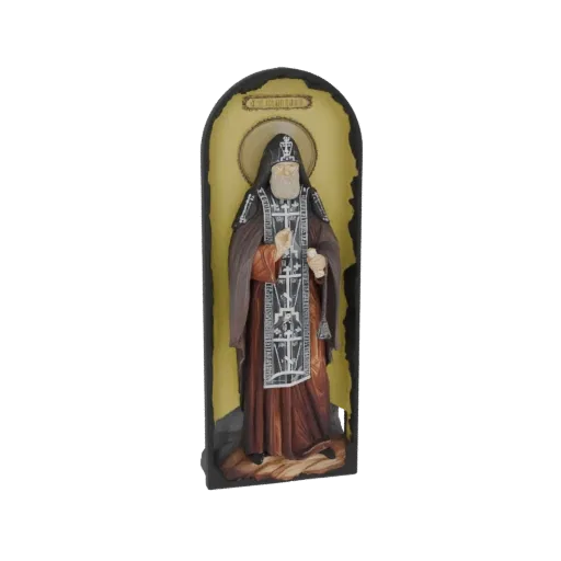 3D model of an Orthodox monk statue in traditional robes, holding a scroll and making a blessing gesture, set against a yello