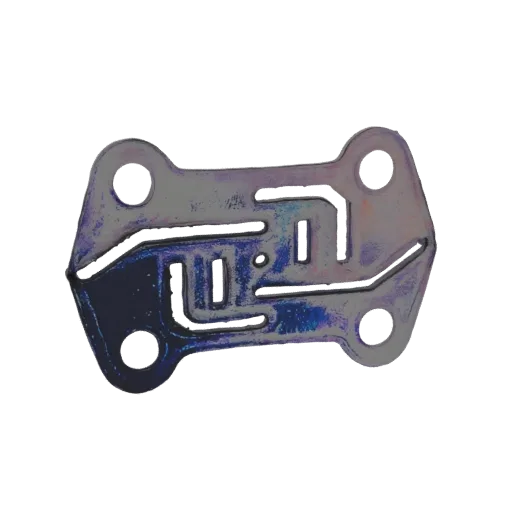 3D model of a metallic engine gasket plate with intricate cutouts and mounting holes, showcasing iridescent highlights.