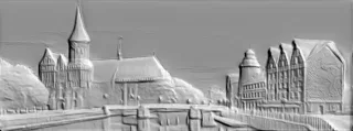 3D model of an old European city bas-relief with a church, canals, and narrow houses
