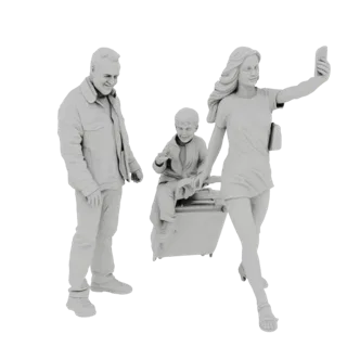 Modelo 3D de una familia de vacaciones, con una mujer tomándose una selfie, un niño en una maleta y un hombre de pie.