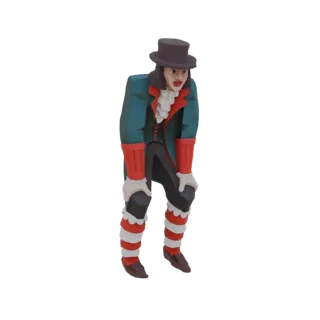 3D model of a Victorian gentleman wearing a top hat, teal coat, and striped stockings, posed with hands on knees.