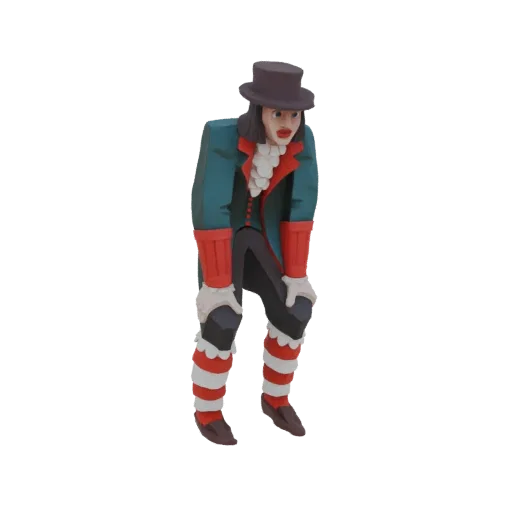 3D model of a Victorian gentleman wearing a top hat, teal coat, and striped stockings, posed with hands on knees.