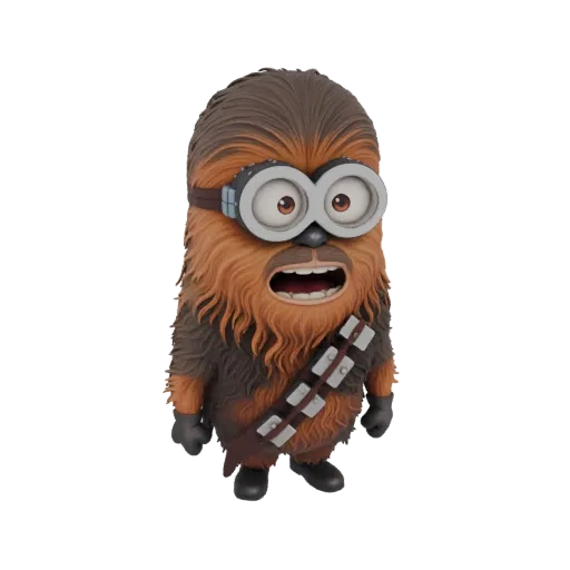 3D model of a Minion character dressed as Chewbacca from Star Wars, complete with furry brown texture and goggles.
