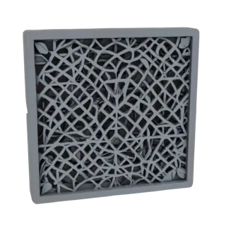 Modèle 3D de grille de ventilation carrée avec un motif détaillé de fleurs et feuilles entrelacées, en couleur grise.