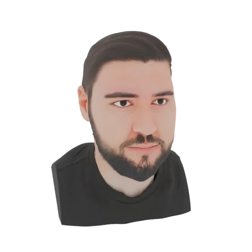 A 3D render of a male bust with a beard and short dark hair, wearing a black t-shirt, against a white background.