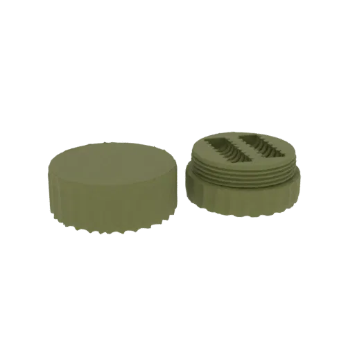 A 3D model of a threaded cap and base set, shown in olive drab, with the cap on the left and the base on the right.