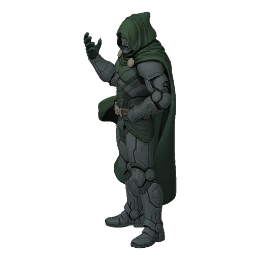 3D model of Doctor Doom in his iconic green cape and armor, standing with one hand raised.