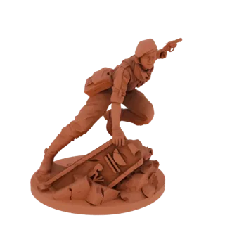 3D model of a female soldier wearing a beret, crouching and aiming a pistol, with rubble at her feet.