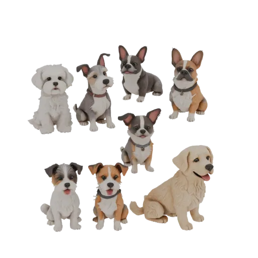 3D model set of 8 different dog breeds in sitting poses, with detailed fur