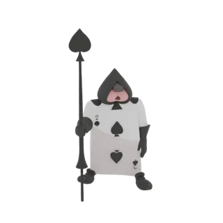 Modelo 3D del personaje de la carta Dos de Espadas, representado como un soldado con casco negro y sosteniendo una lanza.