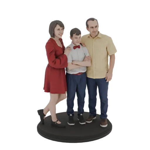 3D model of a family of three, including a woman in a red dress, a man in a yellow shirt, and a boy in a bow tie, standing on