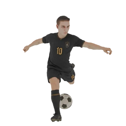 3D model of a male soccer player in a black jersey with the number 10, mid-kick with a soccer ball.