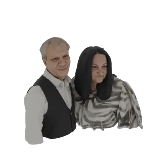 Ein 3D-Modell-Rendering eines Paares in Umarmung, der Mann links in einer Weste und die Frau rechts in einer gemusterten Blus
