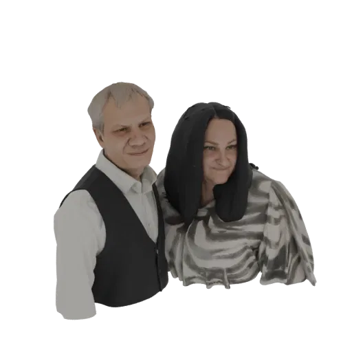 Un rendu de modèle 3D d'un couple s'embrassant, l'homme à gauche portant un gilet et la femme à droite un chemisier à motifs.