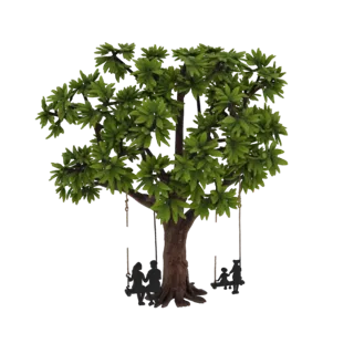 Modelo 3D de árbol decorativo con copa frondosa y dos columpios con siluetas familiares: pareja e hijos.