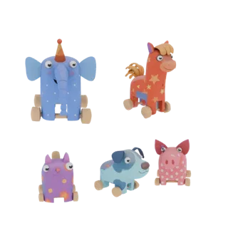 Ein 3D-Rendering von fünf niedlichen, bunten Cartoon-Tierschubsern auf weißem Hintergrund: ein blauer Elefant, ein rotes Pfer